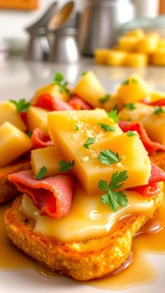 Hawaiian toast with ham, pineapple, and melted cheese, garnished with cilantro on a colorful plate.